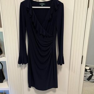 Ralph Lauren Navy Blue Faux Wrap Dress with Ruffle Neck and Sleeves. Size 4